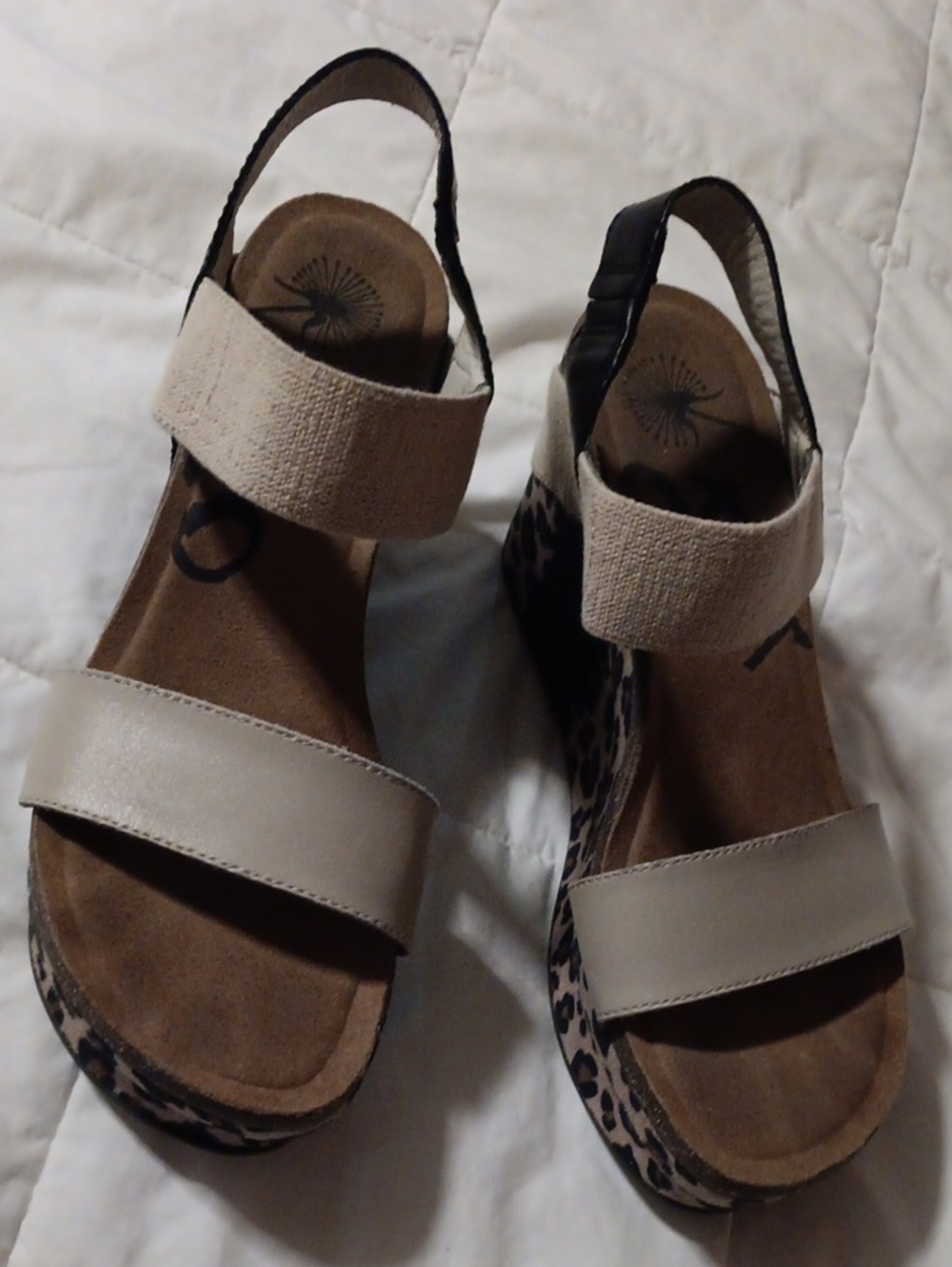 OTBT Beige Linen Straps with Leopard-Print Wedge Sandals